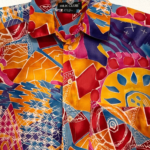 Silk Club Blouse VTG MultiColor 100% Silk Button Front Long Slvs Pocket Size 3XL - Picture 8 of 10